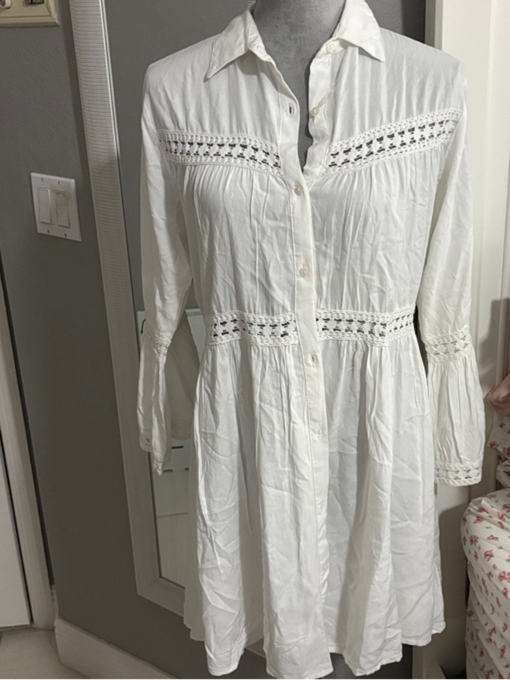 White Button-Front Lace Trim Shirt Dress Boho